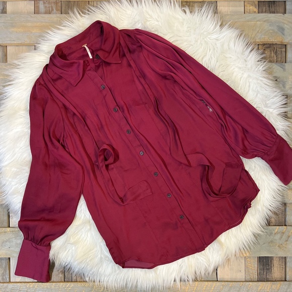 EUC ✵☽Free People☾✵ Silky Red + Purple Button Down Blouse Top + Sash Tie | Small - Picture 3 of 16